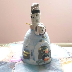 NWOB! GIFTCO INC Vintage Bisque Igloo Fishing Polar Bears & Penguin ceramic bell